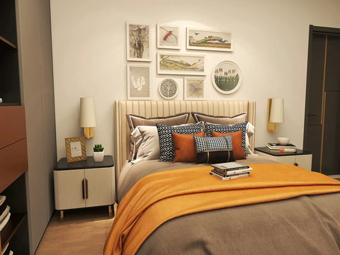 Stylish bedroom with Set Of 2 Battery Powered Fabric Shade Wall Lights With Remote, Wireless Sconce Lamps next to bed in farmhouse gold finish.
