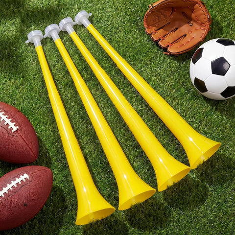 Four yellow Six Pack Vuvuzela Stadium Horns 21 Inch Collapsible Plastic Trumpet Noisemakers for sport events on grass