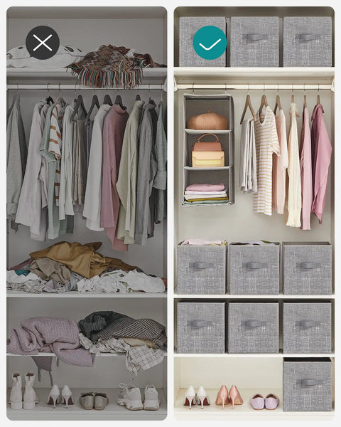 Before and after closet organization showing Rock Solid Foldable Storage Cubes Set Of 6, Durable 11 Inch closet organizers.