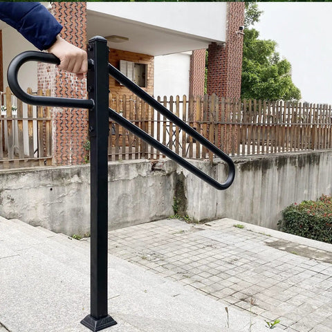 Tough As Nails Outdoor Single Post Wrought Iron Stair Rail for 1 to 3 Steps, heavy duty handrail in outdoor setting