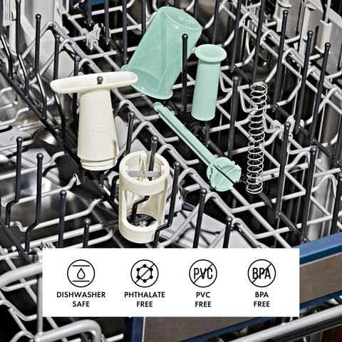 Grape Cutter Tool For Baby Snacks And More components in dishwasher, includes serrated blades for quartering grapes, tomatoes, BPA-free