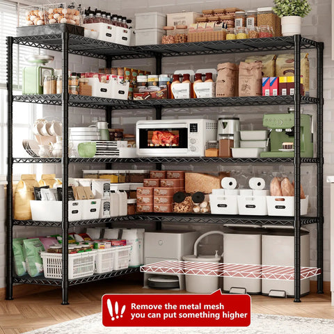 Massive 5 Tier Heavy Duty Metal Storage Shelving Unit 72.8 Inch Wide Wire Shelves With 1600 Lbs Total Weight Capacity For Garage Or Workshop Organization And Easy Clutter Busting. Black 5-tier wire shelving in pantry with appliances and bins