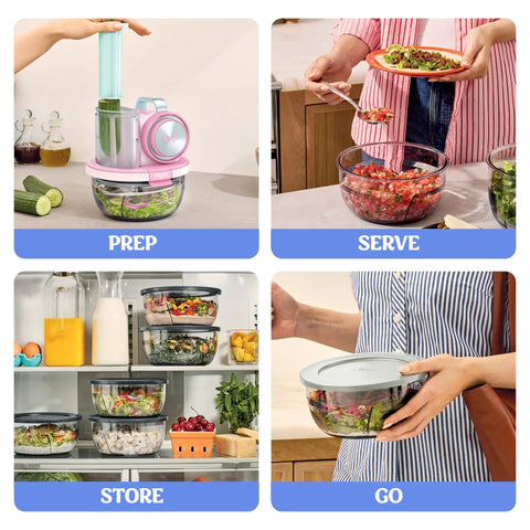 5 In 1 Kitchen Prep And Storage Bowl System Featuring Crinkle Slice And Shred Blades for meal prep and serving in kitchen.