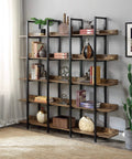 5 Tier Industrial Bookcase With Black Metal Frame Brown Finish Space Saving Storage Organizer for home or office