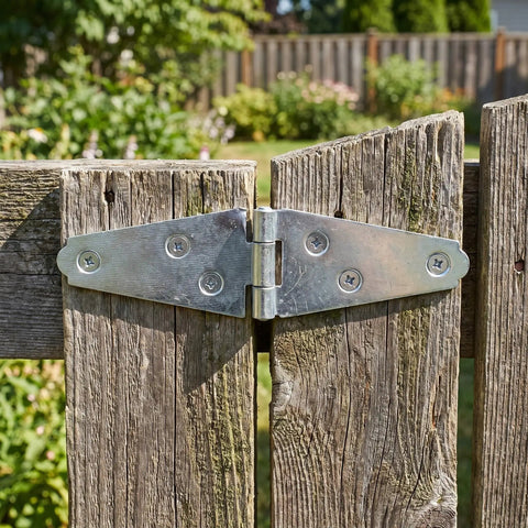 Top Shelf 4 Inch T Strap Hinges 6 Pack Heavy Iron Door Hardware With Pre Drilled Mounts For Barn Shed And Folding Doors Dead Nuts Secure And Silent Swing Operation, close-up on installed hinge.