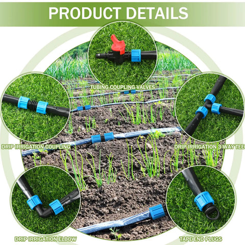 Product details of 1000 Ft 5/8 Inch Drip Tape Irrigation Kit With 6-Inch Spacing, 8 Mil Wall Thickness showing couplings and plugs