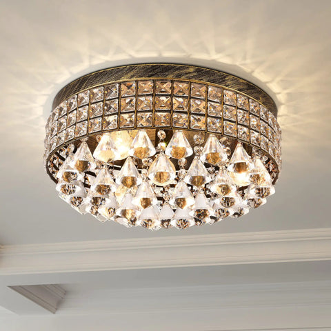 4 Light Traditional Crystal Chandelier in Bronze Drum Ceiling Light Fixture with Round Metal Shade and Raindrop Crystals