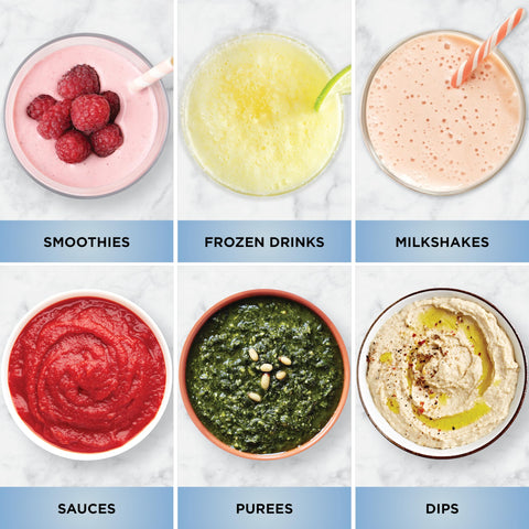 Top Shelf Professional Blender With 1200 Watt Motor And Auto Iq Technology 72 Oz Pitcher For Smoothies And Shakes showcasing smoothies, frozen drinks, milkshakes, sauces, purees, and dips.
