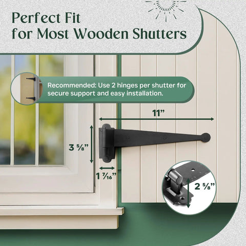 Pack Of 4 Black Offset Strap Lift Off Pintle Hinges Built To Last 11 Inch By Two And Five Eighths Inch Wrought Iron Pin Hinges For Shutters Exterior Doors Or Gates Heavy Duty Hardware With Rust Resistant Powder Coat Finish installed on wooden shutter