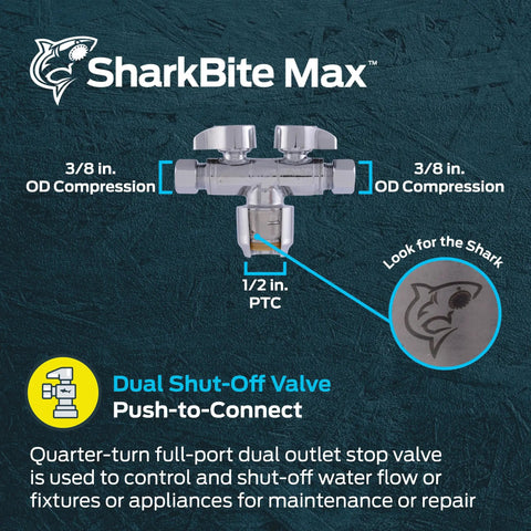 Game Changer Dual Shut Off Quarter Turn Ball Valve With Push To Connect Brass Fittings And Chrome Finish For Pex Copper Cpvc Pipes Quick Wet Line Hookup No Sweat Install Smooth Flow Control shown from front, featuring dual 3/8 inch outlets.