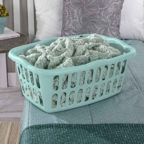 One And A Half Bushel Rectangular Laundry Basket Set In White And Aqua, 12 Pack, lightweight plastic with contoured handles on bed
