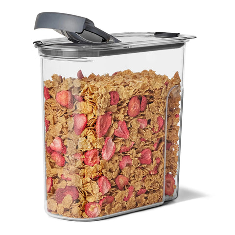 Clear 32oz Cereal Storage Container With Airtight Seal, Shatterproof Tritan, BPA Free And Dishwasher Safe, filled with cereal