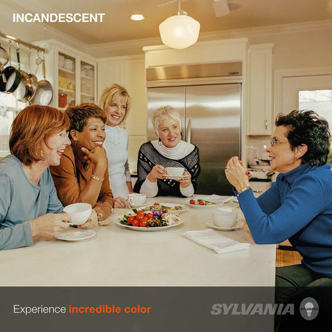 Group of women enjoying a meal in a kitchen with Soft White 40W Globe Light Bulbs Decor G25 Frosted Medium Base 265 Lumens 2850K Incandescent.