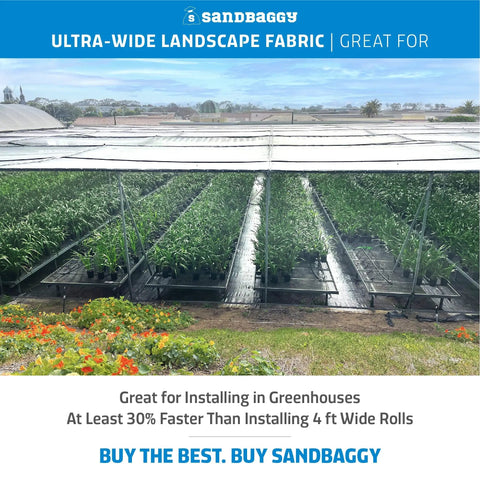 Extra Wide 10 Foot By 200 Foot Landscape Fabric Roll For Weed Barrier And Ground Cover In The Garden Industrial Grade UV Protected 135 Lb Tensile Strength DOT Approved Heavy Duty Weed Control Easy Install installed in greenhouse.