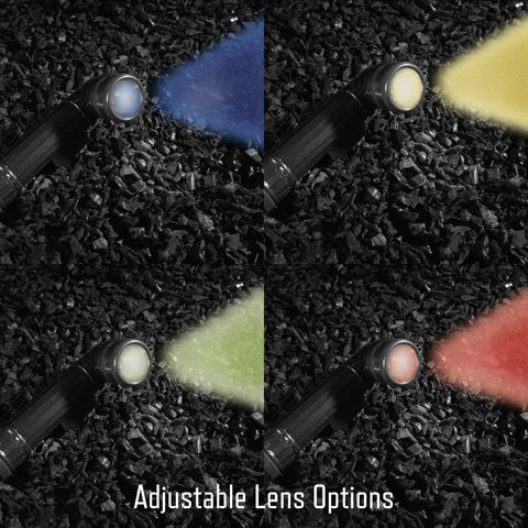 Versatile D-Cell Flashlight With Multi Mode Switch And Morse Code Signaling showing blue, yellow, green, and red lens options