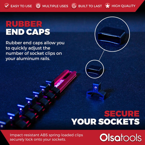 Image of red Three Eighth Inch Drive Socket Organizer with rubber end caps on heavy-duty rails for mechanics.
