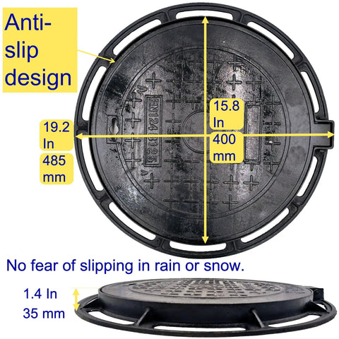 Heavy-Duty 16 Inch Cast Iron Manhole Cover And Frame For 15 Inch Corrugated Pipe, anti-slip design, side and top view