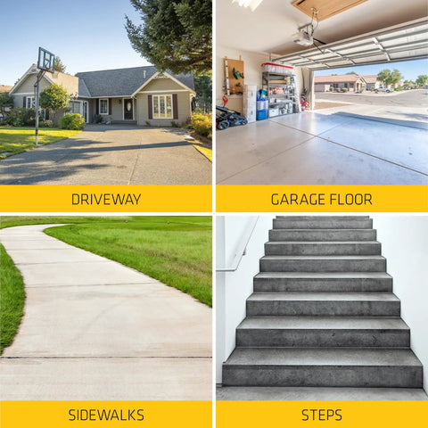 Collage showing driveway, garage floor, sidewalk, and steps for Crack Flex Sealant For Horizontal Cracks Up To One Inch Gray Self Leveling Waterproof Polyurethane Sealant For Driveways Concrete Pavements Walkways Terraces And Decks High Elasticity And Weatherproof Finish 10.1 Fl Oz.