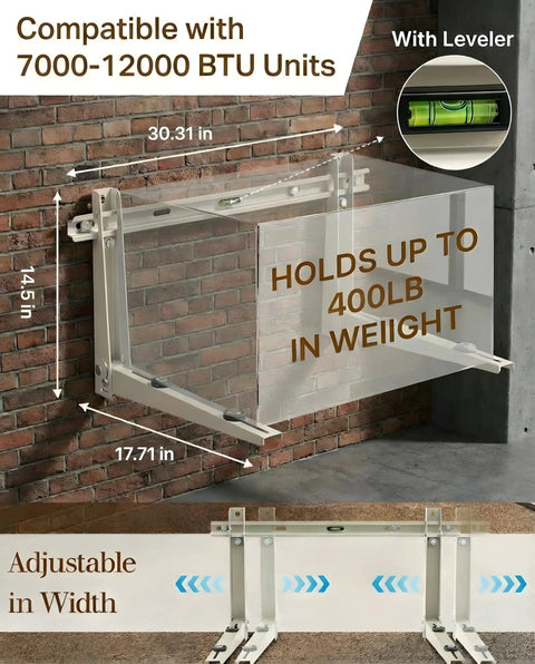 Beefed Up Mini Split Wall Mount Bracket For Outdoor Use With 400 lb Load Capacity, Galvanized Steel Dual Anti Rust Coating, Leveling Bar