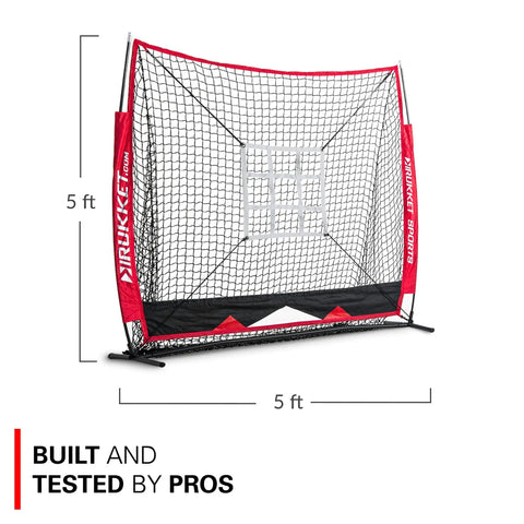 Heavy Duty Five By Five Baseball And Softball Net For Practice Hitting And Batting Foldable Backstop Training Screen with strike zone target.
