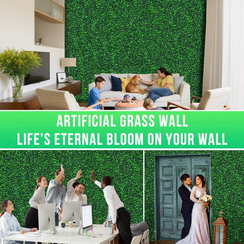 Living room with Totally Realistic Artificial Boxwood Roll Panels 40 By 120 Inches Privacy Fence Screen Faux Ivy Leaves behind sofa