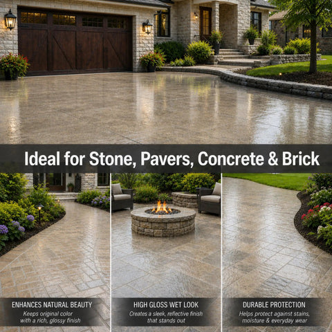 Wet Look Stone Sealer Gloss For Pavers And Concrete, enhancing driveway, with glossy finish on stone surfaces.