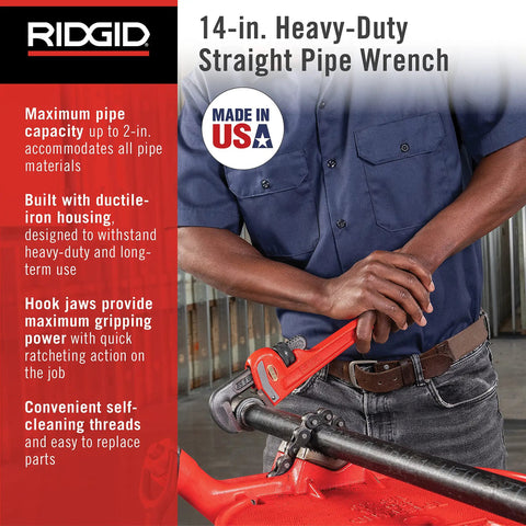 Heavy Duty 14 Inch Straight Pipe Wrench With Forged Alloy Jaws For Fast Gripping And Quick Ratcheting Action 2 Inch Pipe Capacity Red Plumbers Wrench Built For Pro And Home Use In Tight Spots in use