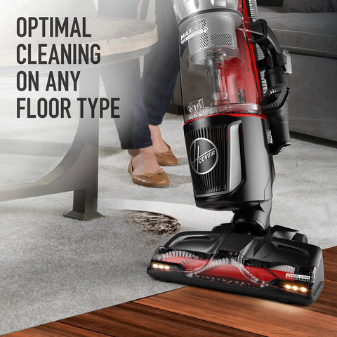 Hoover MaxLife Pro Pet Swivel Bagless Upright Vacuum With Windtunnel Tech cleaning deep carpet and hard floor, showcasing suction power.