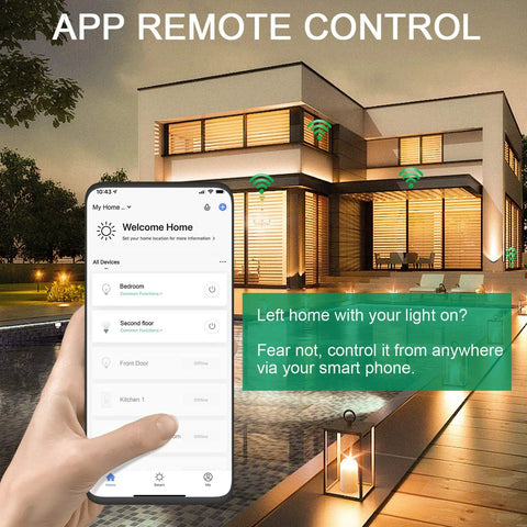 3 Way Smart Dimmer Switch 4 Pack With Trailing Edge Technology app control for lights with smartphone in hand outside house