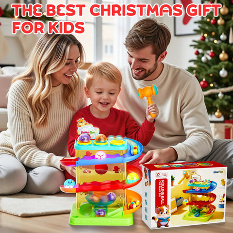 Family playing with Two In One Rolling Ball And Car Ramp Race Track For Toddlers With Sensor Lights And Light Up Balls And Mini Cars.