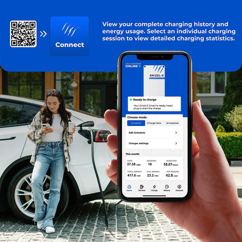 Woman charging electric car with Beefy Level 2 EV Charger With WiFi Smart Connect, using smartphone app, outdoor view