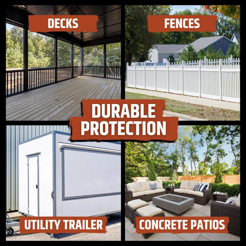 Decks, fences, utility trailers, and concrete patios with 10x Tougher Deck Coating That Will Not Peel Or Crack Flexible Urethane Sealant For Wood Concrete And Plywood Textured Saddle Brown Finish Waterproof And Stain Resistant 1 Gallon.