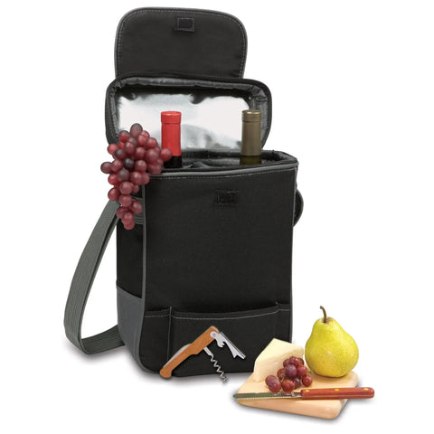 Ultimate Date Night Duo Grab And Go Wine Tote With Cheese Board Two Bottle Insulated Cooler Bag Set In Black with wine bottles and cheese.