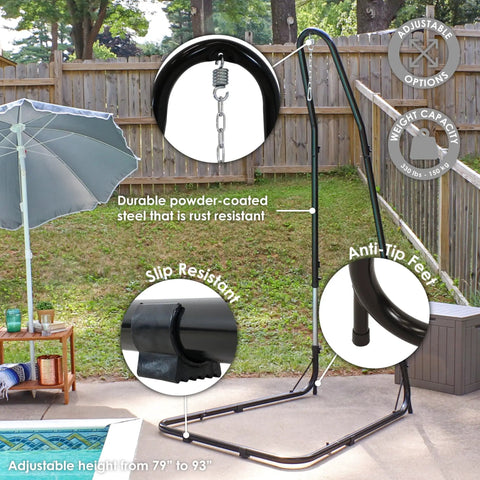 Adjustable Hammock Chair Stand Heavy Duty 330 Pound Capacity, 79 Inch To 93 Inch Tall Hanging Chair Stand with sturdy base on patio