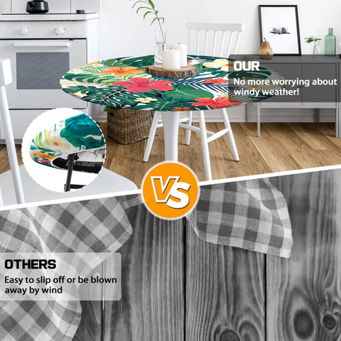 Round Fitted Tablecloth Soft Polyester With Elastic Edge Tropical Palm Leaves Outdoor Table Cover Waterproof Easy Care For Kitchen And Party Or Picnic Fits 40 To 44 Inch Diameter Round Tables in dining room setting versus traditional tablecloth in wind