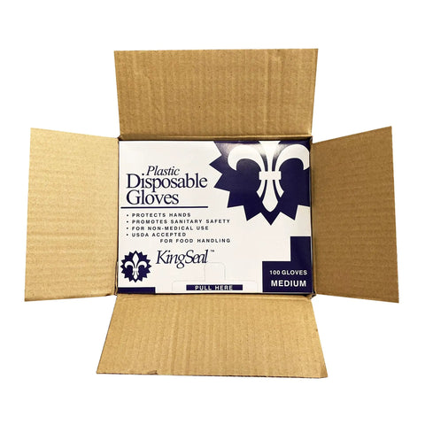 1000 Count Medium Disposable Polyethylene Food Handling Gloves Powder Free Latex Free No Sweat Grip With Heavy Duty Quick Change Pop Out Tray Sweet Bulk Deal For Kitchen Deli Garage in open cardboard box.
