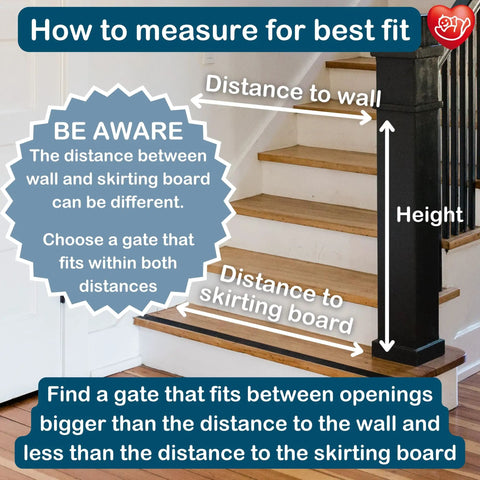 Diagram showing how to measure for Auto Retractable Stair Gate for Doorways and Stairs, Fits 21.7 to 32.3 Inch Openings, safety gate guide