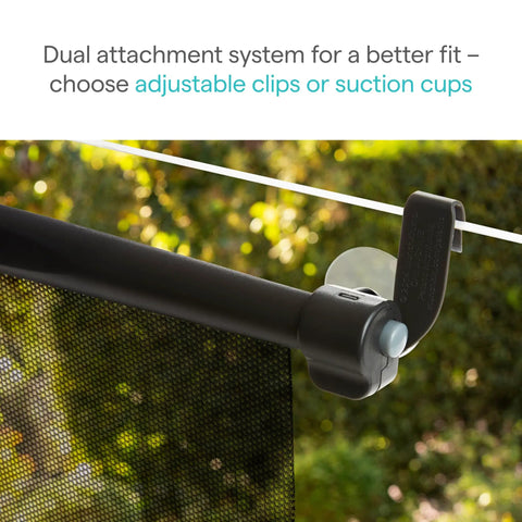 Premium Car Window Sun Shades For Toddlers Crushes Harsh Sun Glare And UV Rays, featuring adjustable clips and suction cups for easy attachment.