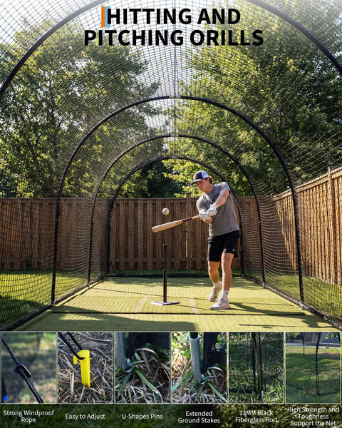 Person practicing in 33 Ft Baseball Batting Cage With Frame And Net For Backyard Or Field Practice Hitting And Pitching, Durable Polyester Netting, Oxford Cloth Seams, High Strength Fiberglass Poles, Great Golf And Baseball Training Gear