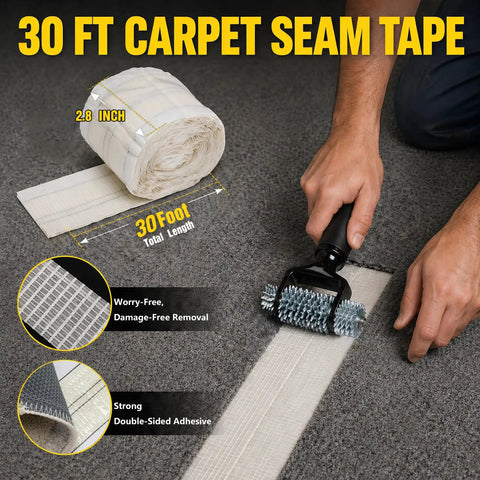 Image of an Upgraded Carpet Patch Repair Kit With Strong Double Sided Seam Tape For Living Room Hard Surfaces, showing 30 ft tape and roller.