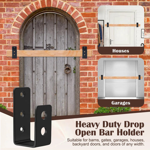 Top Shelf Heavy Duty Door Barricade Brackets For Total Security, U-shaped design mounted on brick with a wooden bar.