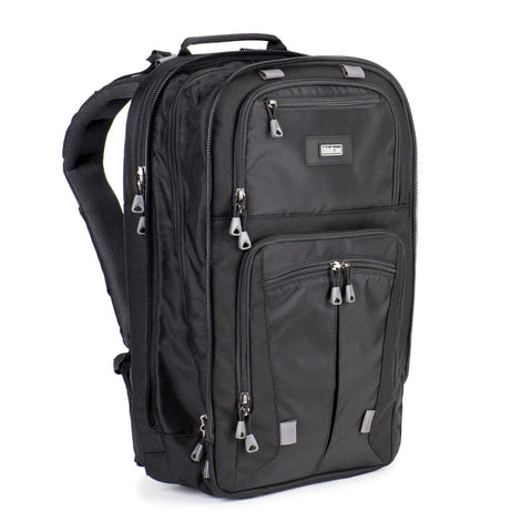 Shape Shifter 17 V2 Camera Backpack black 3/4 view, multiple zippers, holds 1 to 2 DSLRs and 3 to 4 lenses plus a 17 inch laptop.