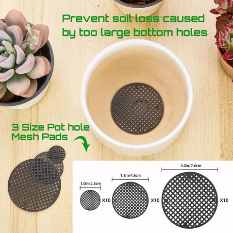 Dope Succulent Tools 19 Piece Mini Garden Tool Set with pot hole mesh pad sizes for transplanting and plant care shown near succulents.