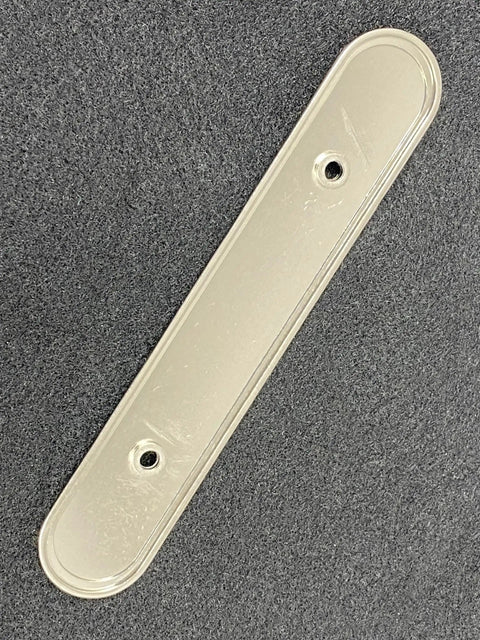 Three Inch Oval Backplate In Brushed Nickel Dope Finish Pack Of Twenty Five For Cabinets Or Doors With Three Mounting Holes And A Slim One Eighth Inch Projection Upgrade Your Space, showing front view on grey background