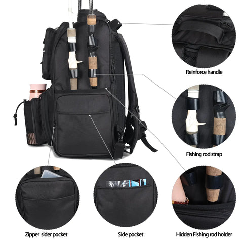 Fishing Tackle Backpack With Rod Holders 40L Large Gear Pack showing reinforced handle, rod strap, and pockets.