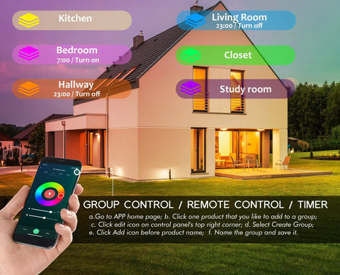 Smartphone app controlling Six Pack 3-Inch Smart WiFi Recessed LED Lights RGBCW Color Changing in various home rooms.