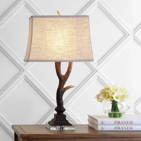 Rustic 29.5 Inch Antler Table Lamp With Brown Clear Faux Resin And Crystal Base Light Grey Linen Shade LED Bulb Included UL Listed