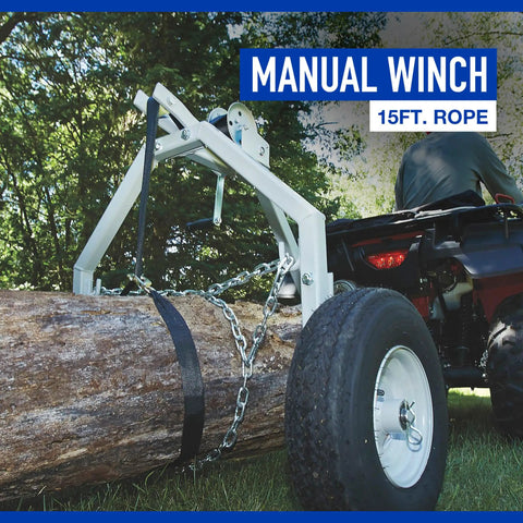 Heavy Duty Atv Log Skidding Arch Rated One Thousand Pounds features a manual winch with 15ft rope, hauling a log on wheels.