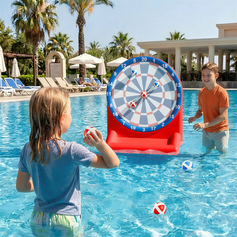 Kids playing with Inflatable Dart Board Pool Toy for Kids and Adults, Water Target Game Float Safe PVC, Backyard Beach Party Fun