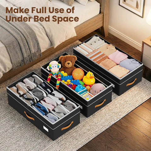 Adjustable Under Bed Storage Bins With Smooth Rollers Rolling Closet Organizers For Clothes And Shoes Flexible Height Expands To Fit All Frames Glides Under Beds Easy To Keep Your Room Lookin Clean filled with shoes and toys under a bed